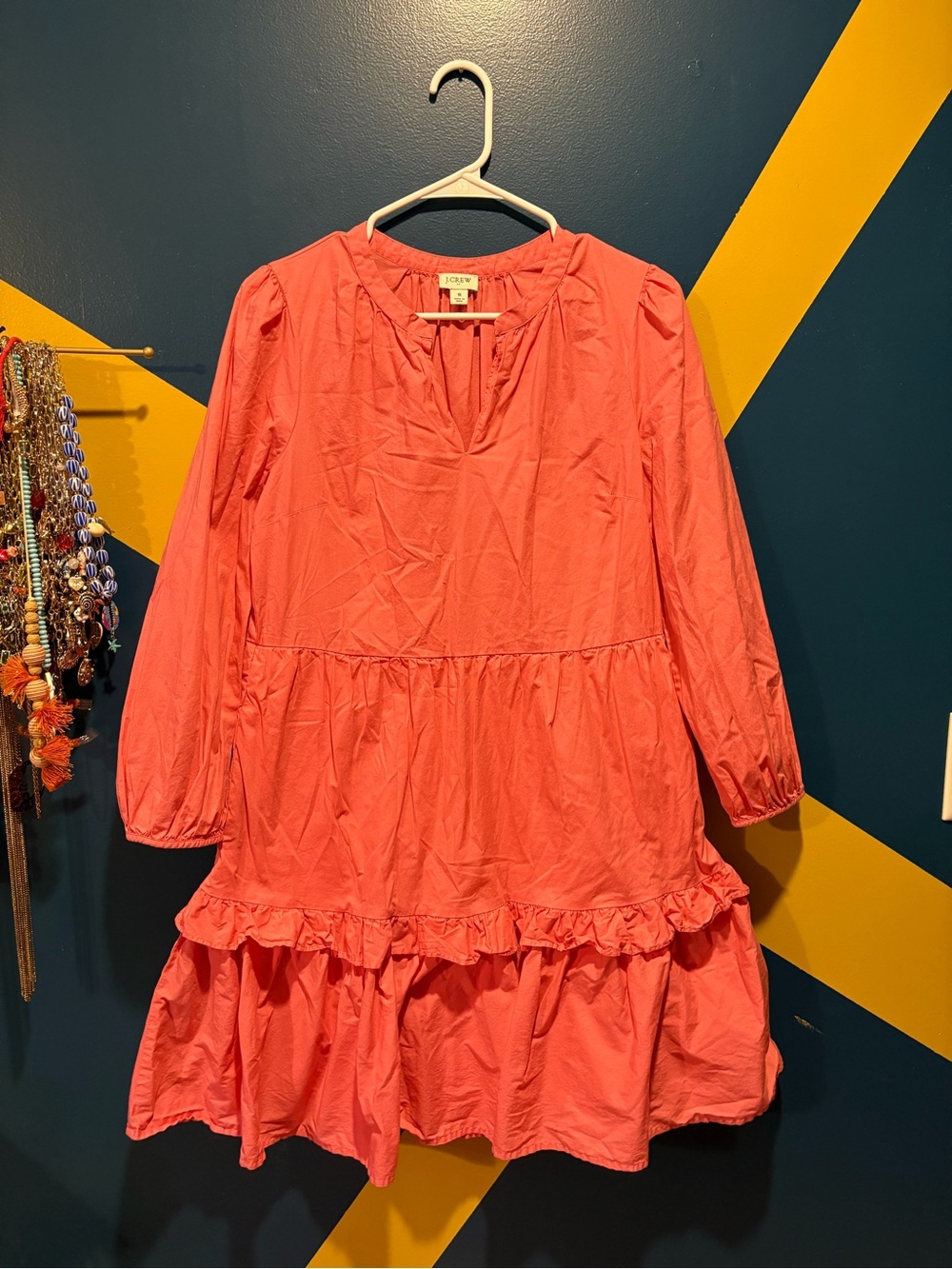 J. Crew Coral Pink Long Sleeve Tiered Mini Dress EUC